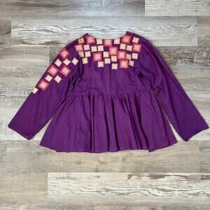 Vintage Boho Embroidered Peasant Blouse Purple Tie Front Tunic Hippie Folk Top